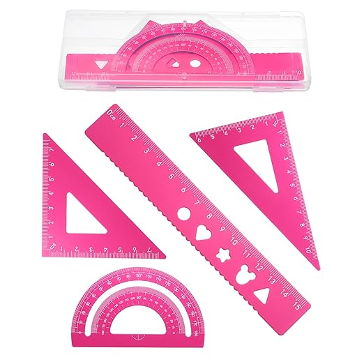 PATIKIL 4 Pcs Geometry Drafting Tool, Aluminum Alloy Geometry Kit Math Tool Includes 15cm L Ruler Protractor Triangles for Drafting Angle Measure Simple Science Experiment, Pink