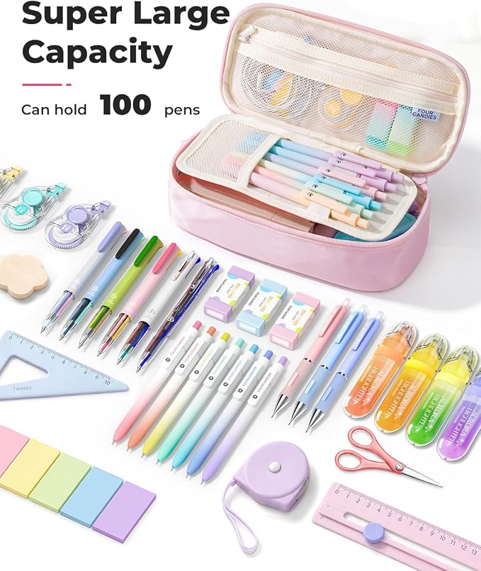 Four Candies Large Pencil Case, 5 Compartments Canvas Pen Organize | Big Capacity Pencil Pouch Bag for School Supplies, Portable Stationery Holder for Teen Girls Boy Men Women(Pink)