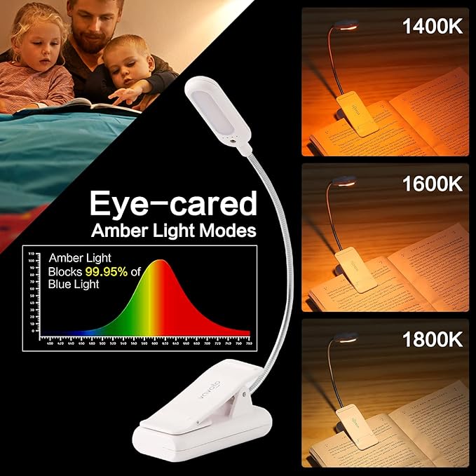 VAVOFO Clip On Rechargeable Reading Light, 7 LEDs with 3 Colortemperature 9 Brightness Levels Book Lights for Reading in Bed with Power Indicator for Bookworms Black (2-Pack White)