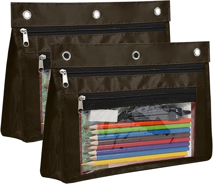 YoeeJob 2 Pack Expandable Pencil Pouches for 3 Ring Binders, Coffee Color | 1-inch expansion, 2 clear PVC pockets, 3 holes, large-capacity storage for school and office supplies.