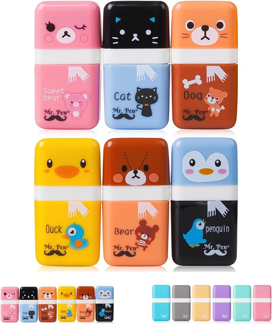Mr. Pen- Eraser with Cover and Roller, 6 Pack, Animal Theme, Cute Erasers for Kids