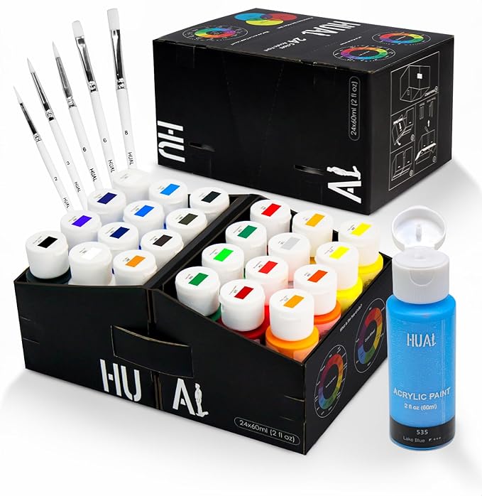 HUAL Acrylic Paint Set with 5 Brushes, 24 Colors (60ml, 2oz) for Artists Kids Beginners & Painters,Model/Canvas/Rock/Fabric/Glass/Stone/Ceramic/Wood Painting, Non Toxic