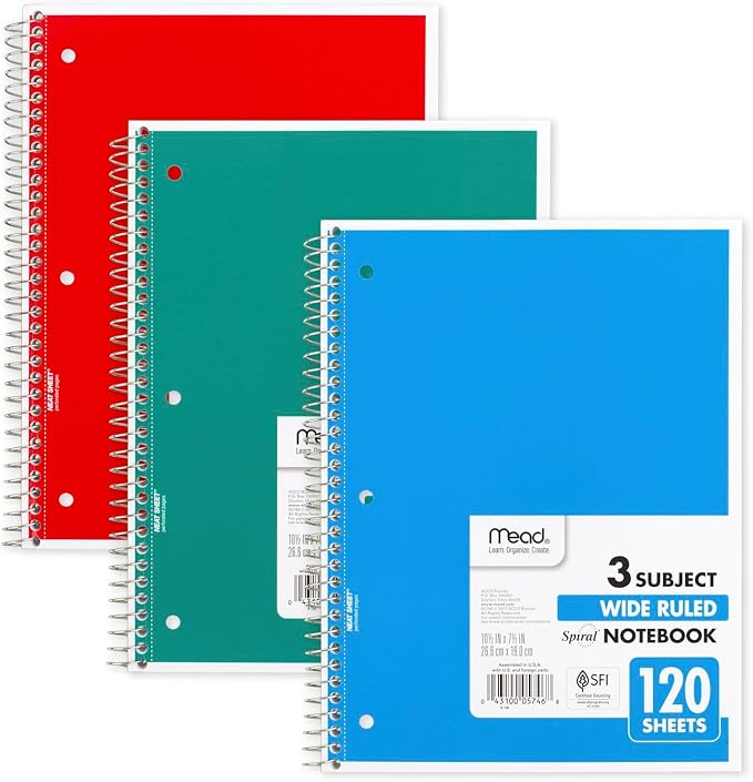 Mead Spiral Notebook, 3 Subject, Wide Ruled Paper, 120 Sheets, 10-1/2" x 8", Color Selected For You, 1 Count (05746) (Pack of 2)