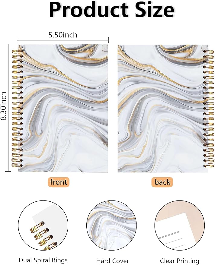 White & Gold Marble Spiral Notebooks - Minimalist White Gold Marble Design Hardcover Journals for Daily Notes/Planning/Note Taking, Stylish Sleek Gifts for Women/College Students/Worker
