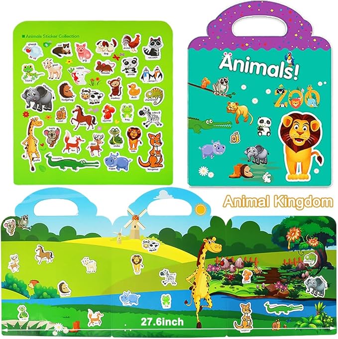 Reusable Sticker Books for Kids, 4 Sets Travel Removable Toddler Sticker Books for 3 4 5 Year Old Girls Boys - Vehicle, Space,Dinosaur & Zoo Animal