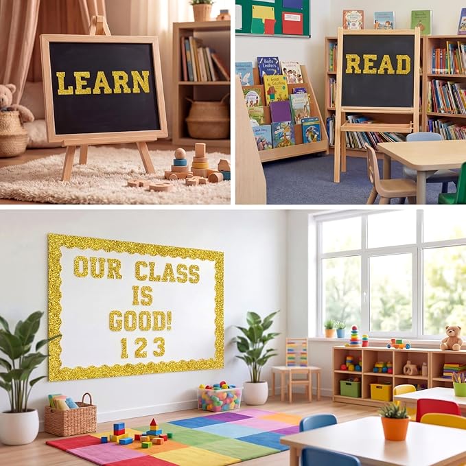 Gold 175 Pcs Graduation Photo Display Board Sticker Glitter Border Trim Alphabet Letter Number for 2026 Grad Party Trifold Poster Photo Display Event Displays Bulletin Board