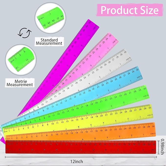 Colorful Clear Plastic Rulers 12 Inch - 8 Pack Transparent Assorted Color Rulers with Centimeters, Millimeters and Inches, Straight Rulers Bulk for Kids School, Classroom, Home & Office Supplies
