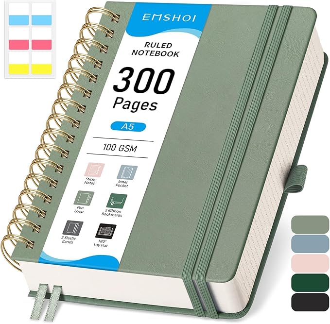 EMSHOI A5 Spiral Notebook College Ruled, Thick 300 Numbered Pages 100GSM Ink-Proof Paper, Faux Leather Hardcover Lay-Flat Lined Journal for Work Office School Writing, 5.7"x8.22", Light Green