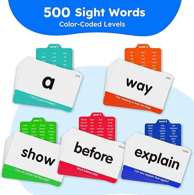 BenBen Sight Words & Phonics Flash Cards, 500 Sight Words & 24 Phonics, 800+ Words, Learn to Read Dolch & Fry High Frequency Site Words for Pre-k Kindergarten 1st 2nd 3rd Grade Kids Ages 3-9