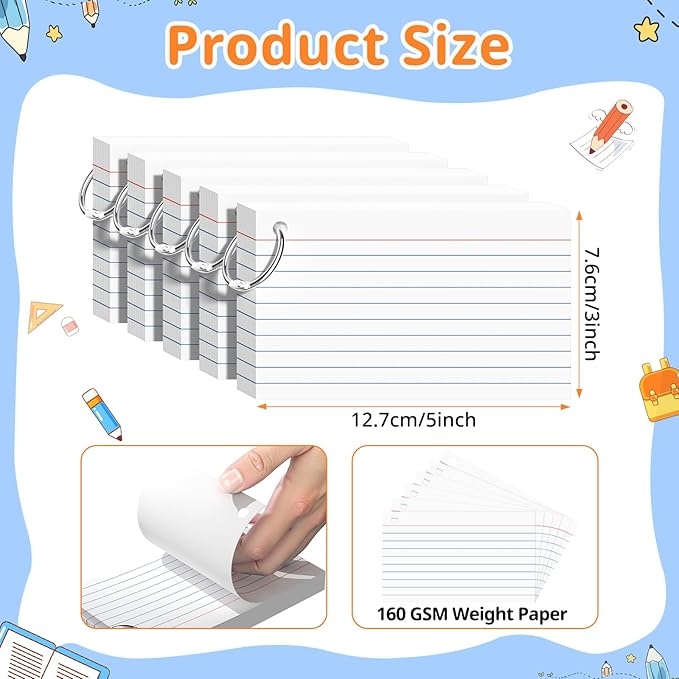 Index Cards 3x5 Inches, 250 PCS, White Flash Cards With Ring, Punched Lined Study Card Ruled Flashcards Notecards, Ruled Front And Blank Back, Note Card for School, College And Home