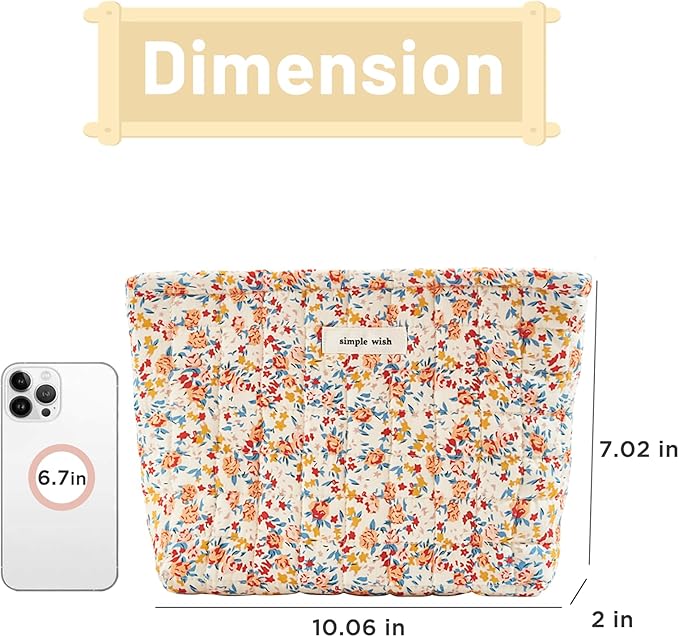 Sminra Floral Makeup Bag Large Cotton Quilted Cosmetic Makeup Bag Organizer, Aesthetic Portable Pouch Purse Toiletry Bag for Women Girls Travel accessories (Red Floral-L)