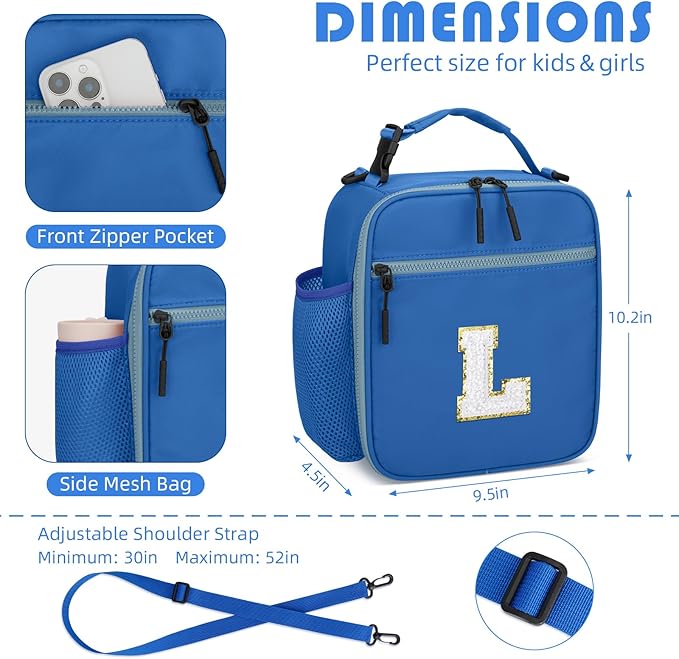 Initial Insulated Lunch Bag for Boys Kids, Back to School Gift, Reusable Leak-proof Lunch Box with Adjustable Strap for School Daycare Travel Picnic（Blue，L）