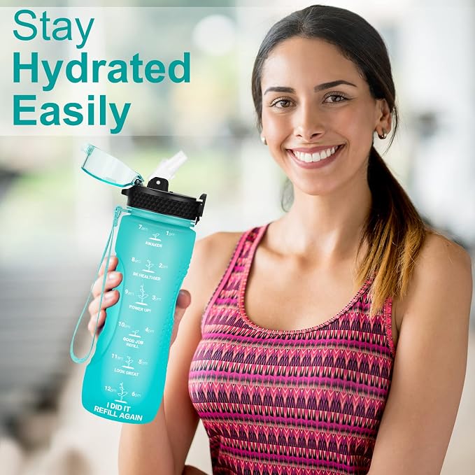 24 OZ Motivational Kids Water Bottle With Time Marker,Straw Lid,Leak Proof, Tritan BPA Free Sports Water Bottle Green(1 Lid)