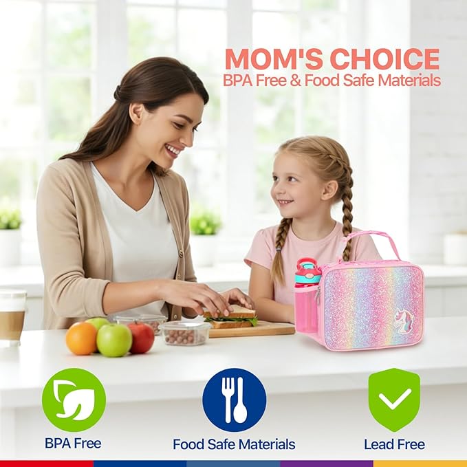Bagseri Kids Lunch Bag Girls - Thermal Insulated Lunch Box Tote with Water Bottle Holder, Reusable Leak-Proof Kids Lunch Box for Daycare & School, Glitter Pink Unicorn (Containers Not Included)