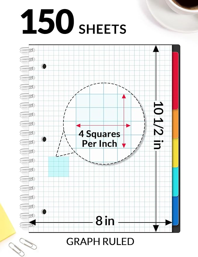 SUNEE Graph Paper Notebook 4x4 Grid Ruled – 300 Pages, 5 Tabbed Pocket Dividers, 8"x10.5", 3 Hole Punched, Durable PP Cover – Spiral Grid Notebook for Engineering, Work, School, Black