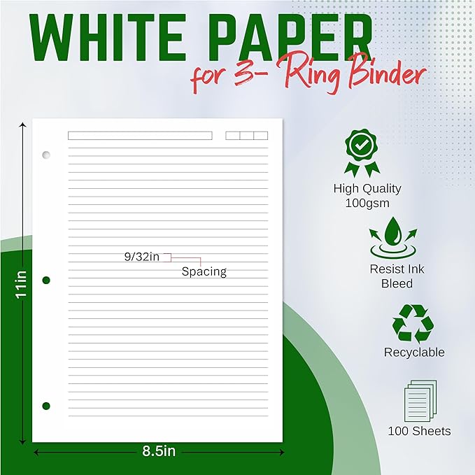 Premium College Ruled Loose Leaf Paper – 100 GSM, 100 Sheets (200 Pages), 8.5" x 11", 3-Hole Punched, Acid-Free, Fits 3-Ring Binders – Ideal for Students, School & Office