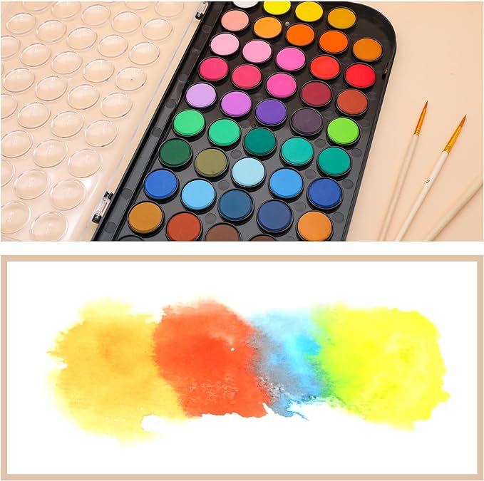 Artecho 48 Colors Watercolor Paint Set, Portable Travel Watercolor Cake Kit with 3 Brushes, Easy-Clean Washable Paint for Card Making, Illustrations, Painting, Calligraphy