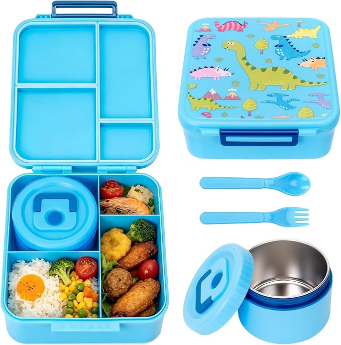 Kids Lunch Box with 12oz Insulated Food Jar, Leak-Proof Bento Box for Kids | 4 Compartments for Hot & Cold Food, Easy-Open School Lunch Container for Boys & Girls