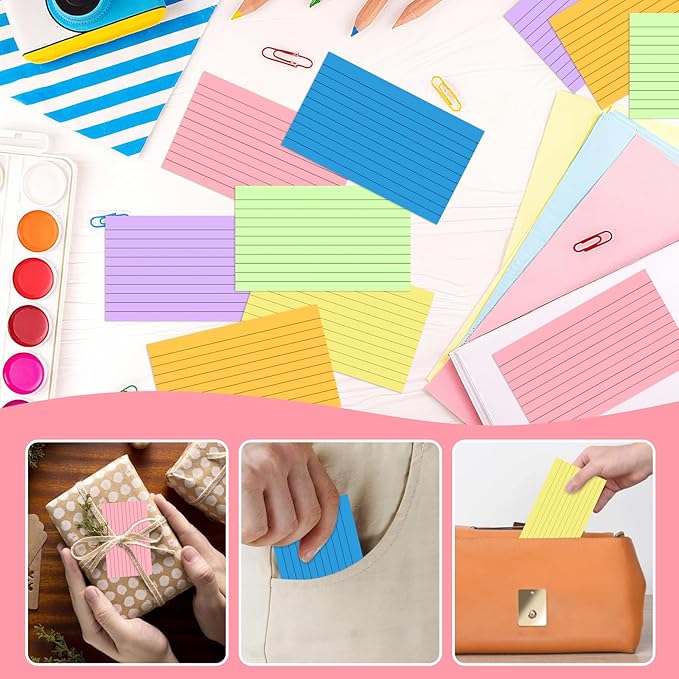 Tecmisse 600 Pieces Index Cards Rulded, Colorful Flash Cards 3 x 5 Index Card Bulk,Colored Index Cards 3x5, Note Cards Punched for School Learning, Office and Home Uses (Normal Thickness)