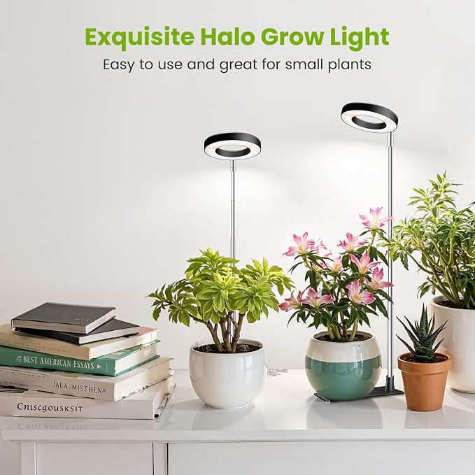 Kullsinss 3.5in Halo Plant Lights for Indoor Growing, 48 LEDs Full Spectrum | Black Grow Light with Base, 6/12/16H Timer & Dimmable, 26in Height Adjustable, 5V Plant Lamp for Small Potted Plants, 5-Pack