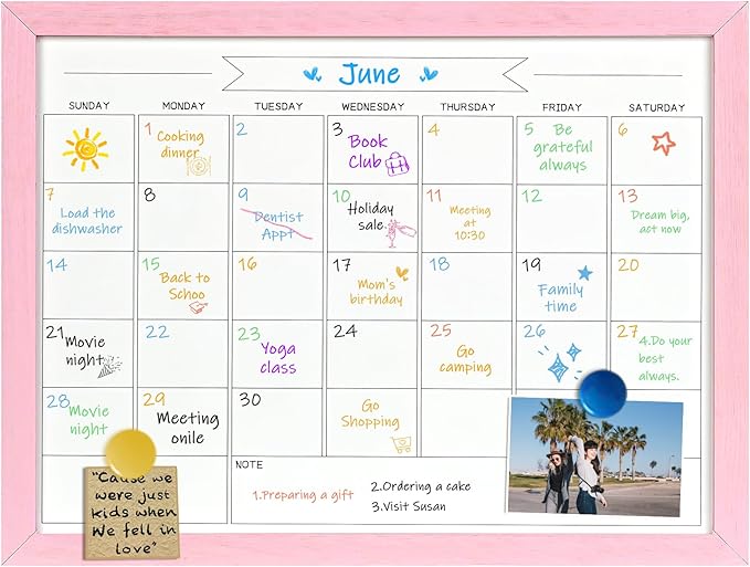 TORASO Dry Erase Monthly Calendar Board, Magnetic Whiteboard for Wall, Office/School/Home, Solid Wood Pink Frame Hanging Board 10.5"x 14.5"(YL-Pink-2737-B)