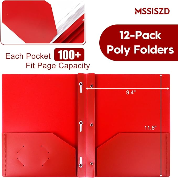 24-Pack Plastic Folders with Pockets and Prongs,2-Pocket Folders with 3 Fasteners, Holds 8-1/2" x 11" Paper for School/Office/Home, Red