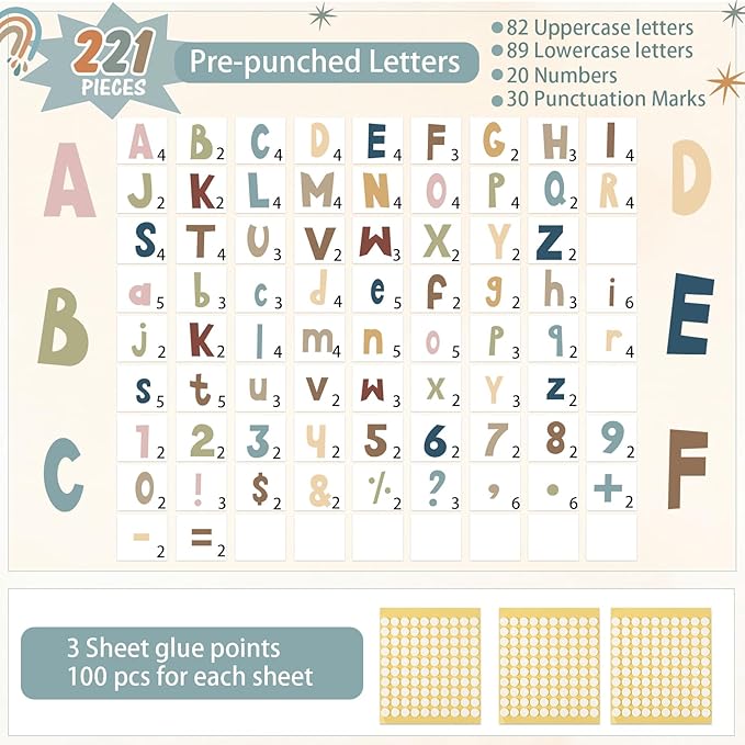 221 Pcs Boho Bulletin Board Letters, Square Font Alphabet Number Punctuation Symbol Combo Letter Cutouts, Boho Classroom Decor for School Classroom Chalkboard Poster Bulletin Board Wall