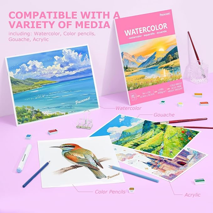 Pacocoast Watercolor Paper, 9"X12" Artist Drawing Paper Pads, (300gsm/140lb) Water Color Sketch Book for Painting, Arts & Crafts Supplies for Adults, Watercolor Journal Notebook, Pink