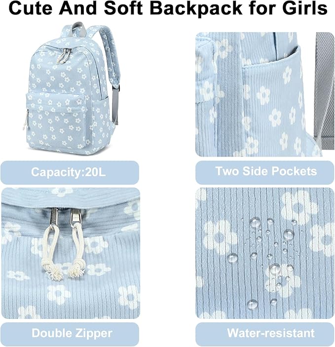 BTOOP School Backpack for Teens Large Corduroy Bookbag Lightweight 15.6 inch Laptop Bag for Girls Women Casual High School College