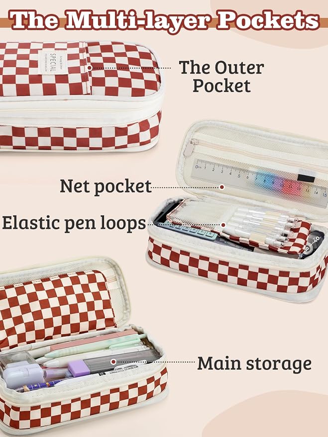 Bigmeta Gingham Expandable Pencil Case for Teens Girls - Caramel | Zipper Gusset for Adjustable Capacity, Checkered Cute Pencil Pouch, Stationery Bag Box for Student Back to School Gifts