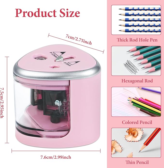 AUAUY Electric Pencil Sharpener with Double Hole, Battery Operated Automatic Sharpener with 2 Extra Knife Holders, for 6-8mm/9-12mm Standard Pencils, Colored Pencils, and Skectch Pencils（Pink）