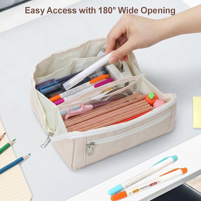 Large Pencil Pouch for Teen Girls, 8 Compartments, Cream White | Large capacity pencil case, wide-opening organizer fits calculators, markers, pens; for middle school, high school, college