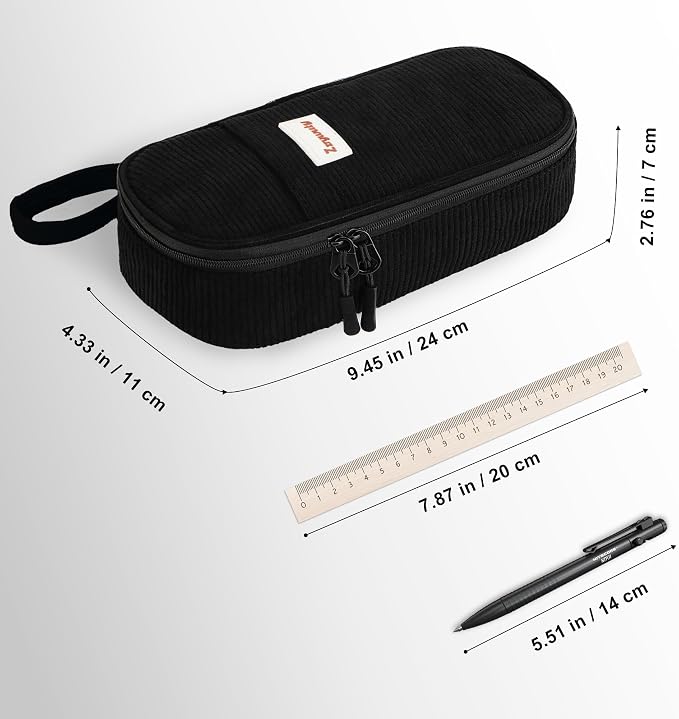 Zzrywuty Aesthetic Pencil Case, Large Capacity Soft Corduroy Pouch with Handle, Wide Opening Black Cute Stationery Bag & Organizer for School Office, Teens Adults