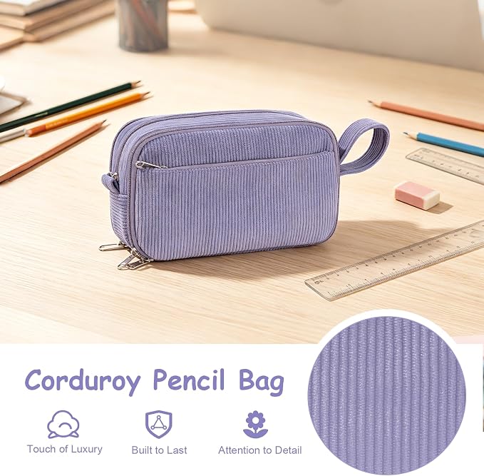 BuyCard Purple Large Capacity Corduroy Pencil Case, Casual Style, Cute Pencil Bag, Kawaii Stationery Storage and Organizer, Graduation Gift Office Stationery Storage Pen Pouch for Classroom Teacher