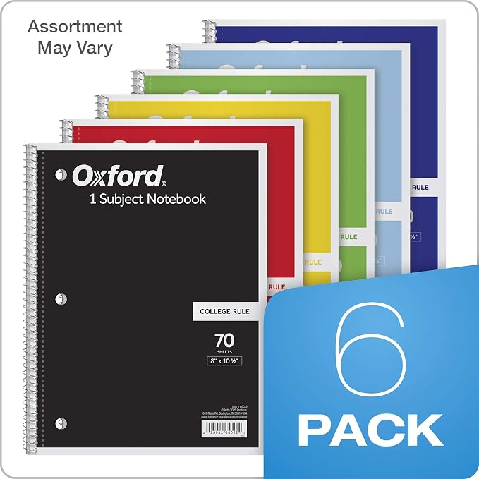 Oxford Spiral Notebook,1 Subject,College Ruled Paper,8 x 10-1/2 Inch,Color Assortment Design May Vary (65007),(Pack of 24)