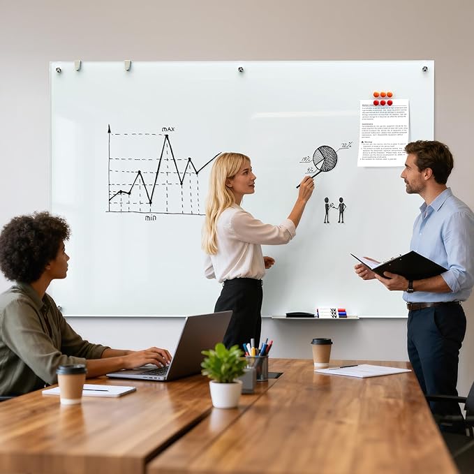 MaxGear Glass Whiteboard 60 x 40 Inch, Large Tempered Glass Dry Erase Board, Frameless Wall Mounted Magnetic Whiteboard for Office, Conference Room, Classroom, Team Collaboration