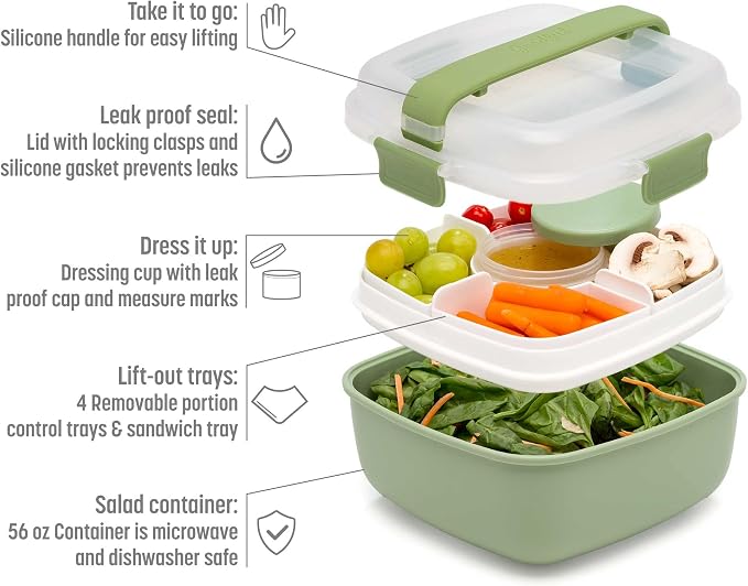 Goodful Stackable Lunch Box Container, Bento Style Food Storage with Removeable Compartments for Sandwich, Snacks, Toppings & Dressing, Leak-Proof and Made without BPA, 56-Ounce, Sage (Pack of 12)