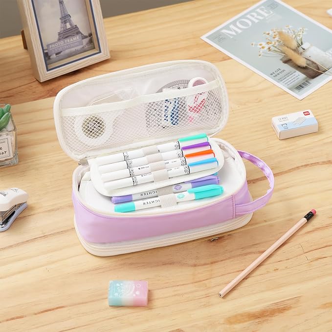 Dugio Large Pencil Bag for Girls School Organizer Pencil Case Big Purple | Teens Kids Zipper Pencil Pouch Aesthetic Pencil Box for School Supplies, Wear-resistant Fabric, Thick Multi-layer Fabric