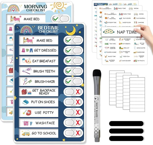 2 in 1 Bedtime/Morning Routine Chart for Kids Toddlers, Magnetic Chore Chart for Kids, Cute Visual Schedule for Kids Schedule Board for Home, Kids Checklist to Do List ADHD Tools for Kids