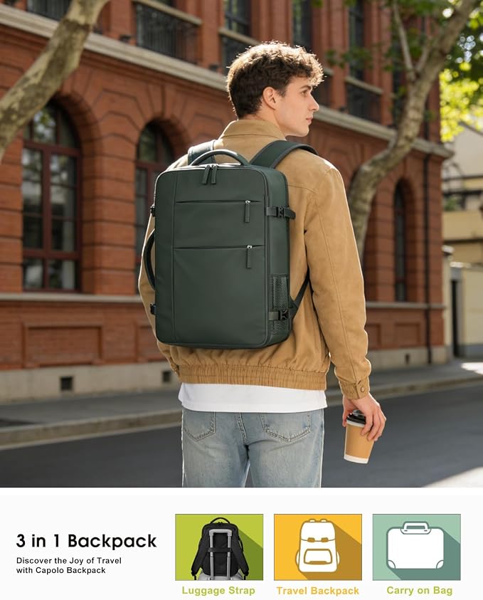 Capolo Travel Backpack for Women Men Waterproof Laptop Backpack Airlines Approved Carry On Backpack Bag Computer Bookbag for Business, Work, Traveling Fits 17 Inch Laptop(Green)