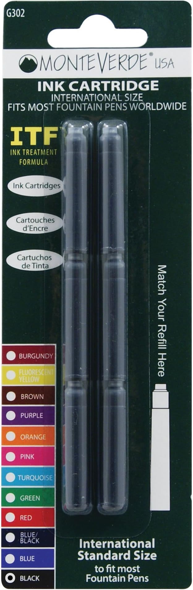 Monteverde International Size Cartridge to Fit Fountain Pens, Black, 6 per Pack (G302BK)
