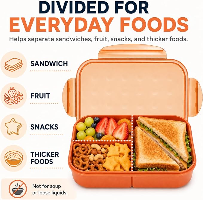 MISS BIG® Bento Lunch Box for Kids, 1150ml, 3 Compartments, Coral Orange | Coral orange 1150ml kids bento box for school lunch, daycare meals, snacks, picnic, and travel.