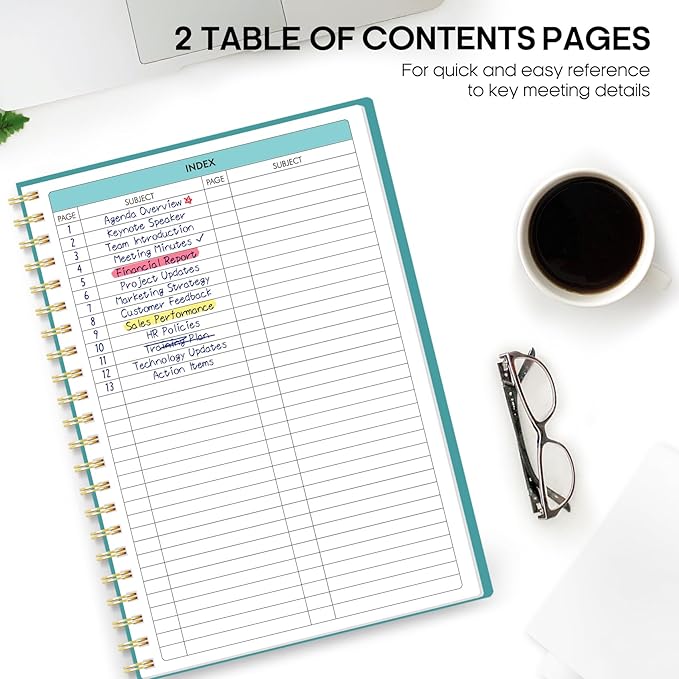 Meeting Notebook for Work Organization - Work Planner Notebook with Action Items, Agenda Planner for Note Taking, 160 Pages (6.9" X 9.9") Project Organizer for Men & Women - Blue