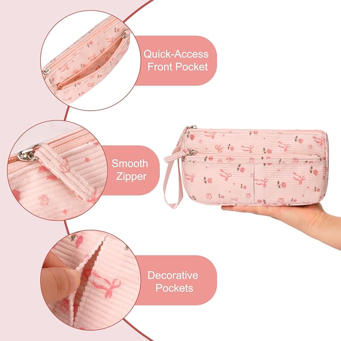 FINPAC Pencil Case, Corduroy Triangle Makeup Bag, Kawaii Pen Bag Pouch Holder Box Organize for Study, Office, or Travel (Pink Rose Bow)