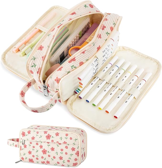 Cute Corduroy Pencil Case with Handle, Extra Large 4 Compartment Multiple Pockets Aesthetic Pencil Pouch Organizer for Teen Girls, School & College Supplies (Pink Flower)