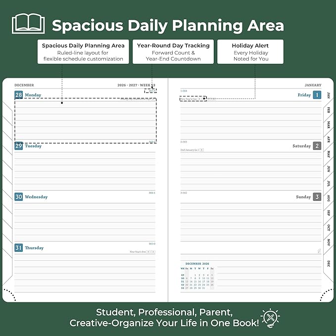 Planner 2026-2027 Daily Weekly and Monthly,8.5"x6.5",18 Months Spiral Bound Calendar Agenda with Self-adhesive Pen Holder,2026 Academic Plan with Vegan Leather Soft Cover,Green