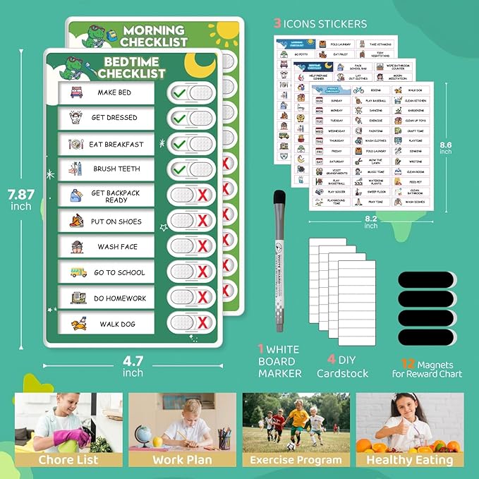 Upgraded Slider Morning/Bedtime Routine Chart for Kids Toddlers - Magnetic Kids Chore Chart for 2 Kids, Dry Erase Chore Chart for Kids, Visual Schedule for Kids
