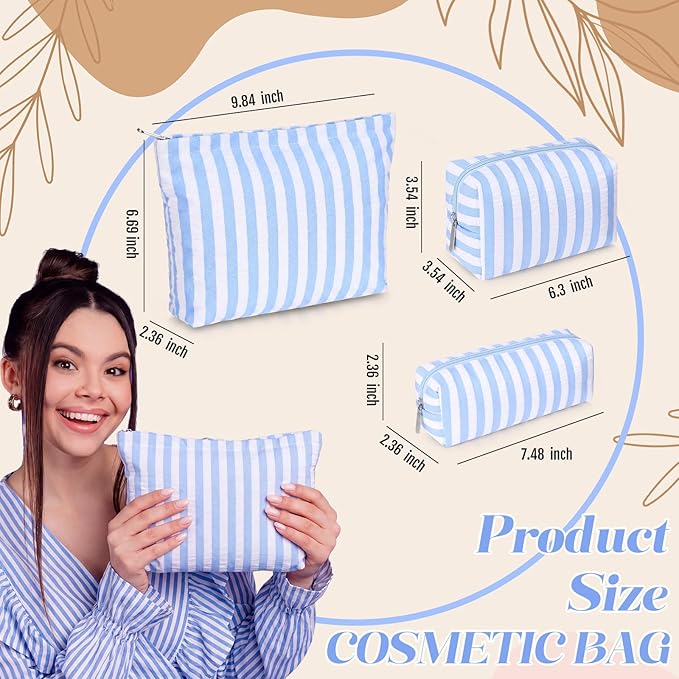 Huhumy 3 Pcs Makeup Bag Set Cute Cosmetic Pouch for Women Aesthetic Seersucker Travel Toiletry Bag Set Preppy Small Makeup Purse Pouch Wide Stripe Cosmetic Organizer Pencil Case with Zipper(Blue)