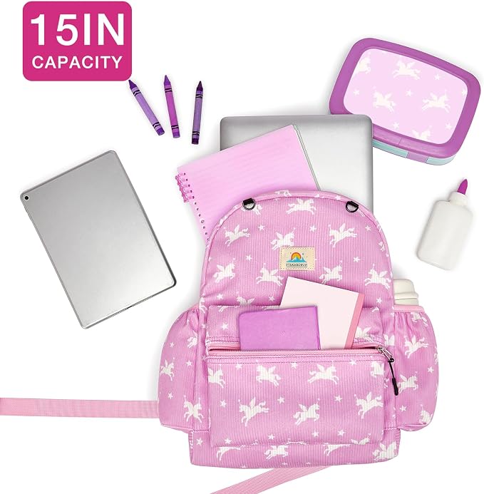 STEAMEDBUN Corduroy Kids Backpack for Girls and Boys 5-8: Girls Backpack for Elementary Kindergarten - 15 inch Cute Backpacks for Kids - Pink Unicorn