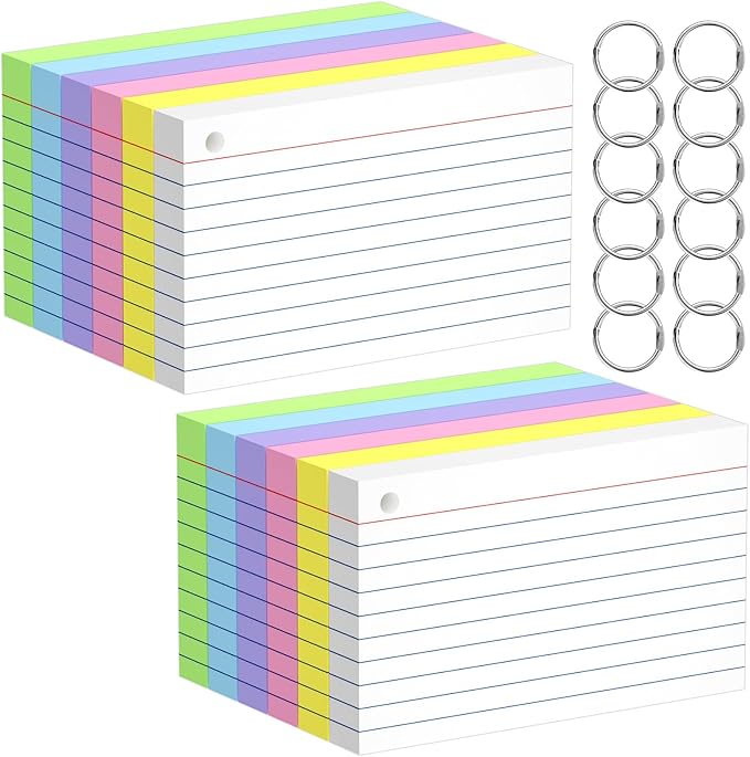 Index Cards 3x5 Inches, 600 PCS, Colored Flash Cards With Ring, Punched Lined Study Card Ruled Flashcards Notecards, Ruled Front And Blank Back, Note Card for School, College And Home